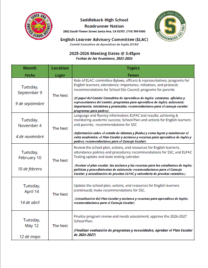 ELAC Meeting Calendar 2025-2026